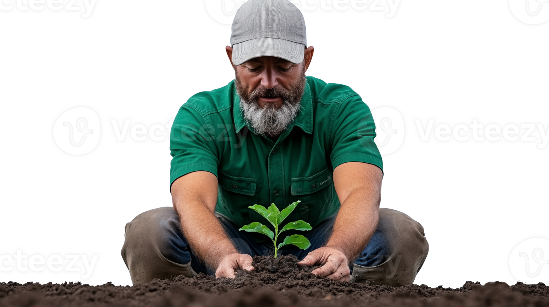 Man planting a small sapling in soil isolated on transparent background png