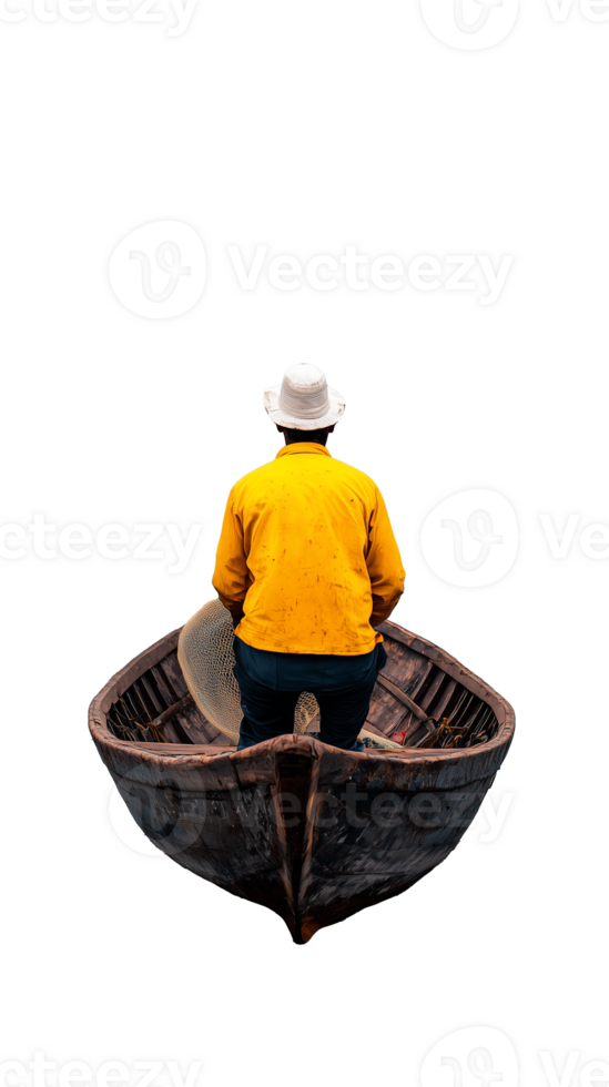 Man rowing a small wooden boat from behind isolated on transparent background png
