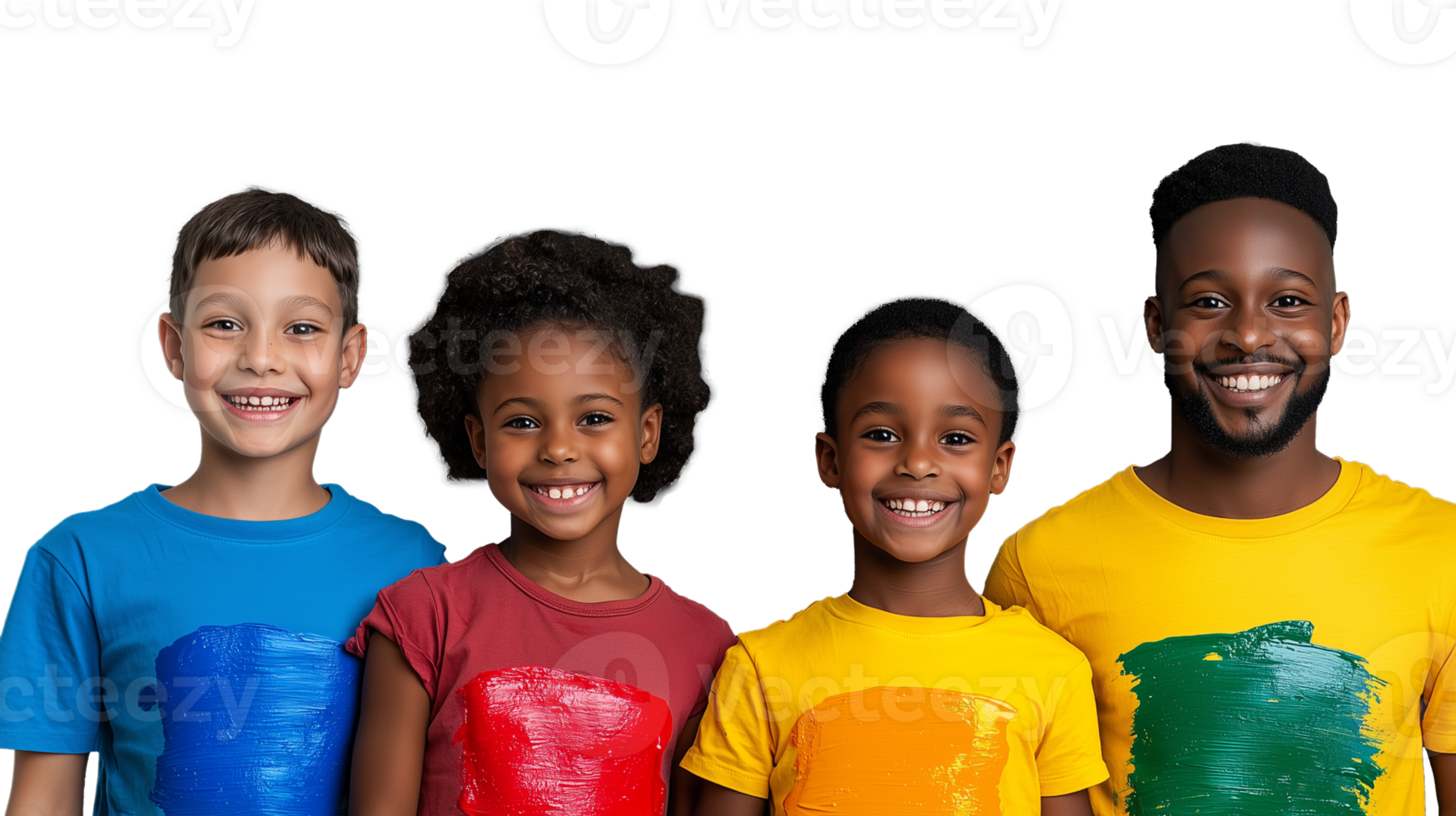 Group of diverse children smiling in colorful shirts isolated on transparent background png
