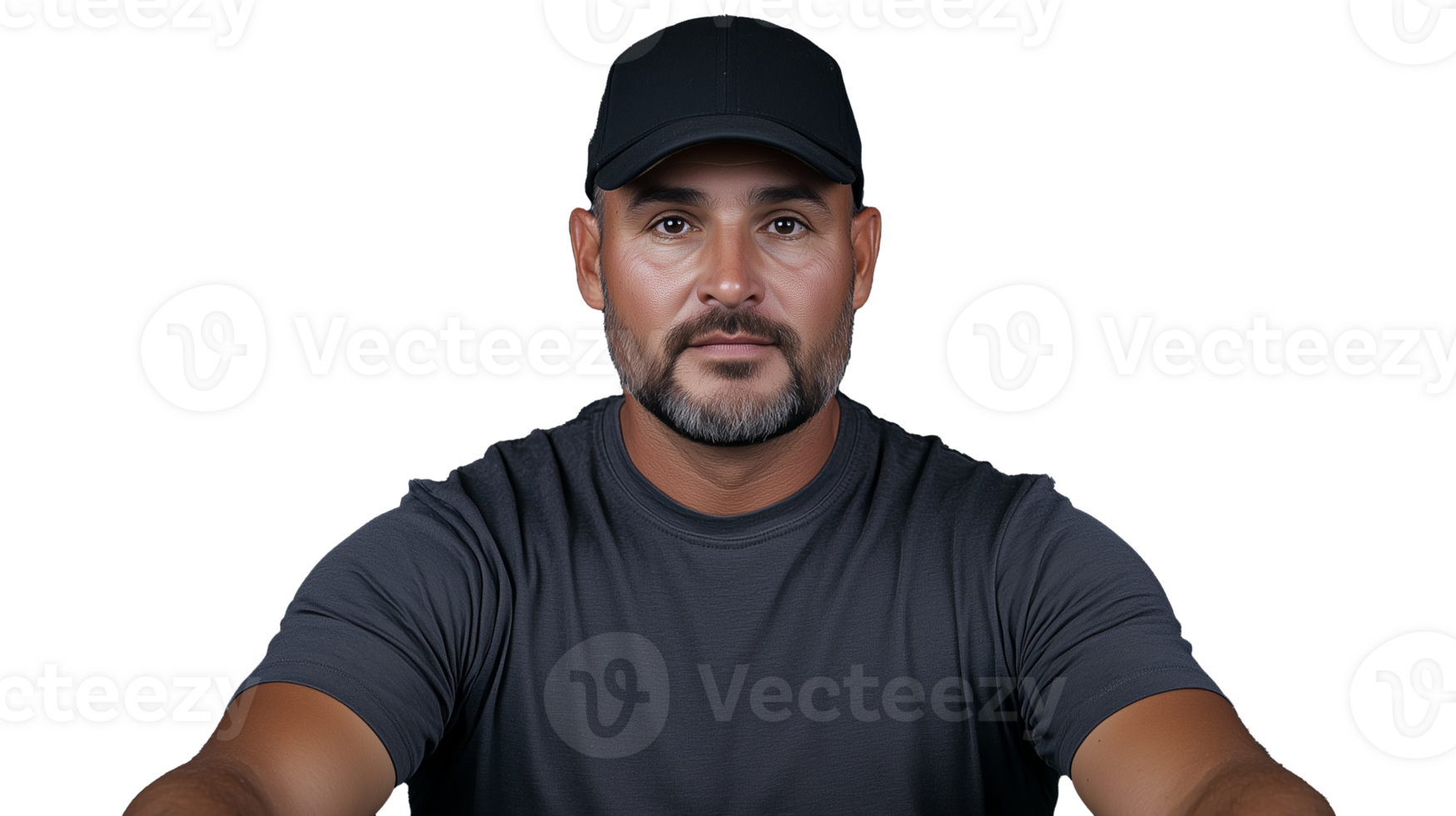 Portrait of man in dark shirt and baseball cap isolated on transparent background png