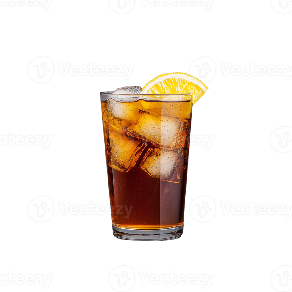 Glass of iced cola with lemon slice isolated on transparent background png