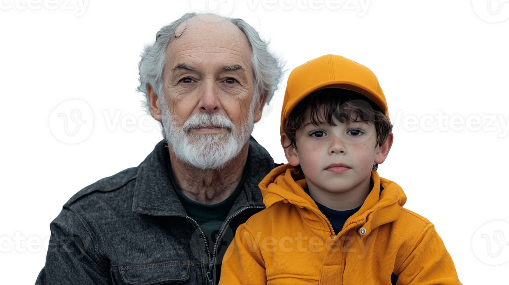 Portrait of elderly man and young boy in yellow clothes isolated on transparent background png