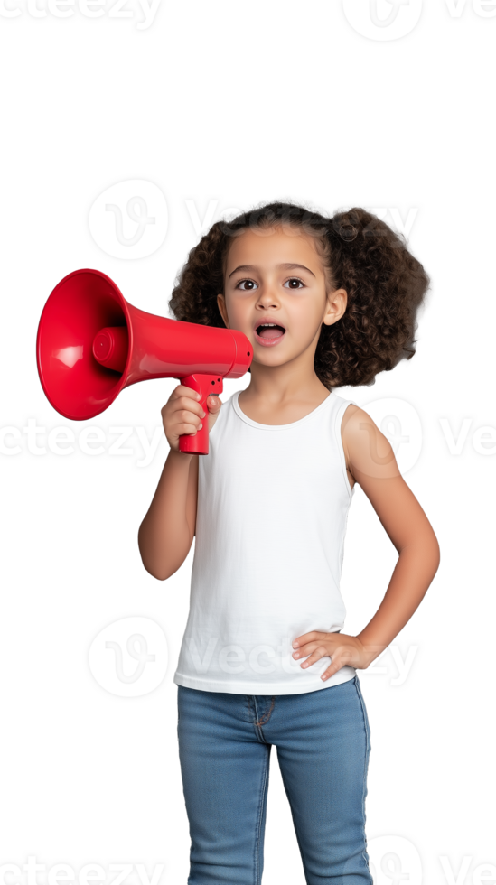Young girl holding a red megaphone with a determined expression on a transparent background png