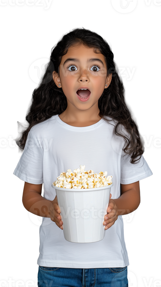 Young girl with a shocked expression holding a bucket of popcorn on a transparent background png