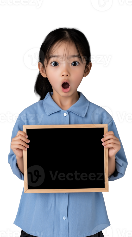 Young girl holding a blank blackboard with a surprised expression on a transparent background png