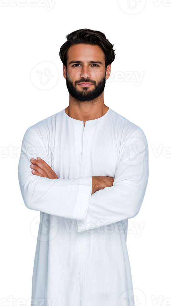Confident man with folded arms wearing a white traditional attire on a transparent background png