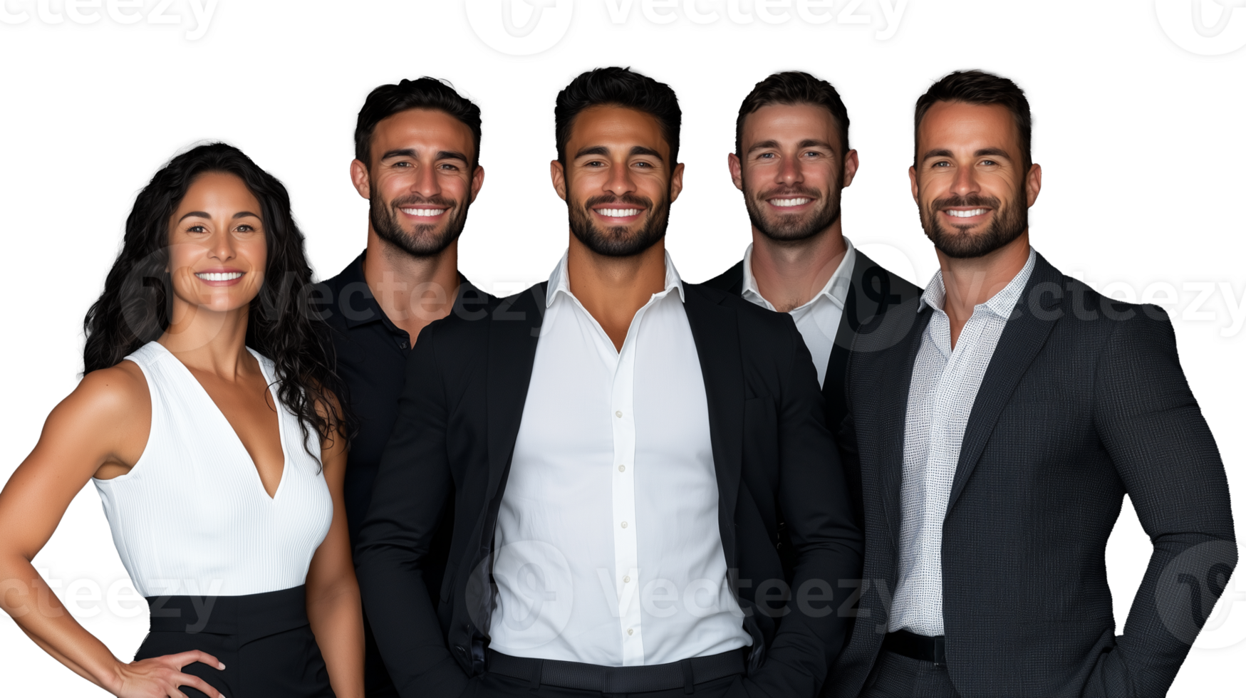 Group of business professionals posing confidently in formal attire isolated on transparent background png