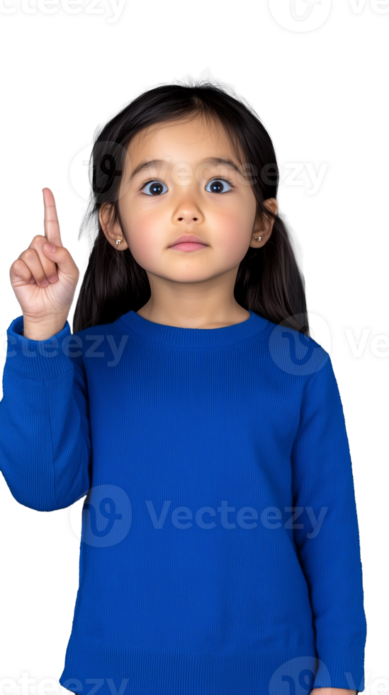 Little girl pointing up with serious expression on a transparent background png