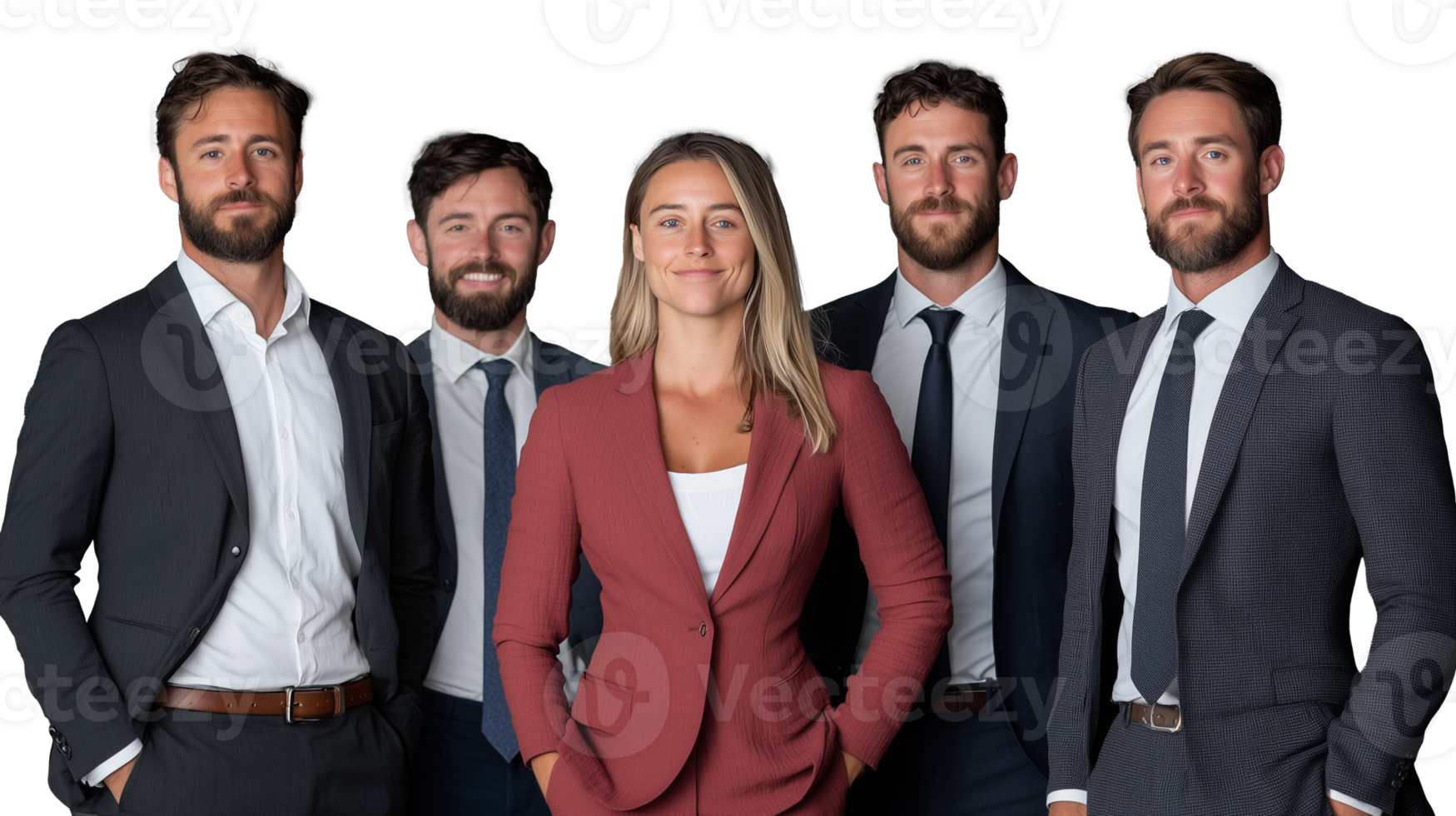 Group of business professionals posing in formal attire isolated on transparent background png