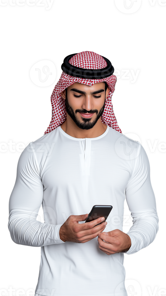 Smiling man wearing traditional Middle Eastern attire and checking his smartphone on a transparent background png
