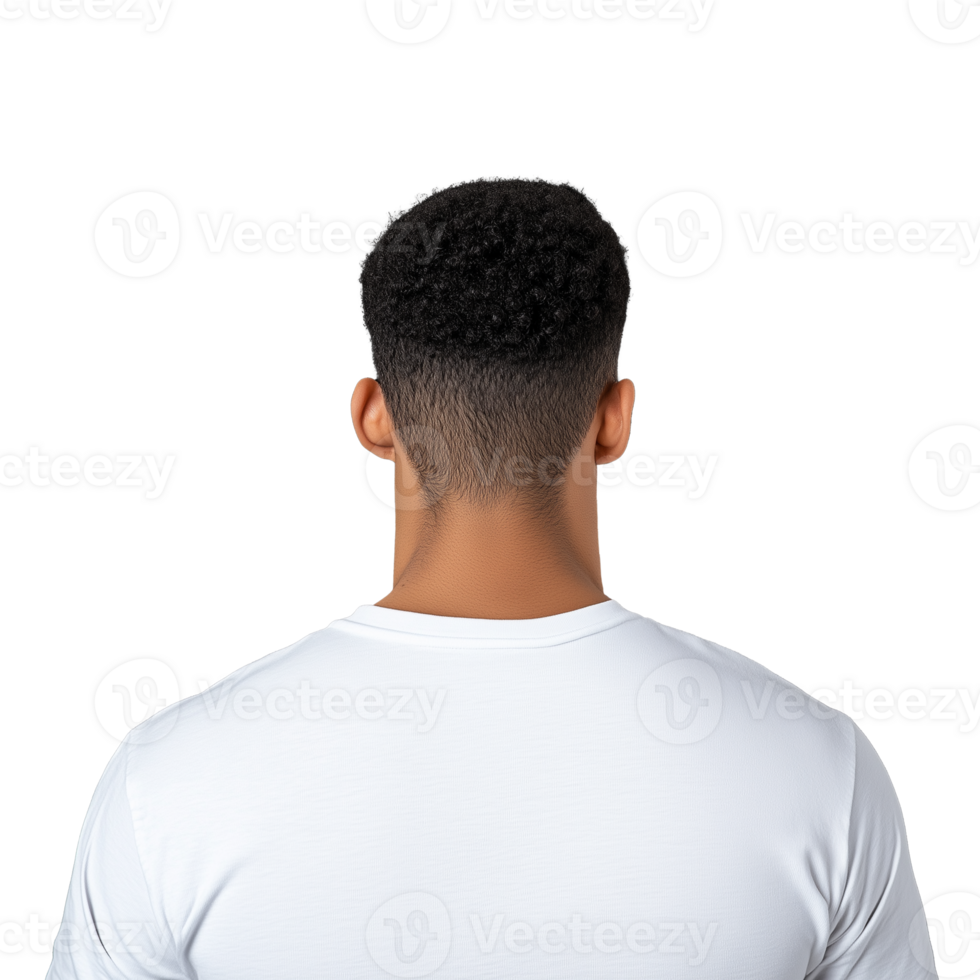 Back view of a man with a fade haircut wearing a plain white shirt on a transparent background png