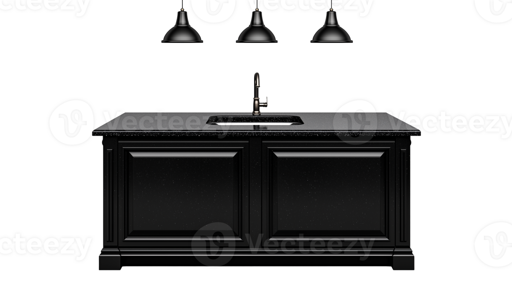 Black kitchen sink cabinet with three pendant lights on a transparent background png
