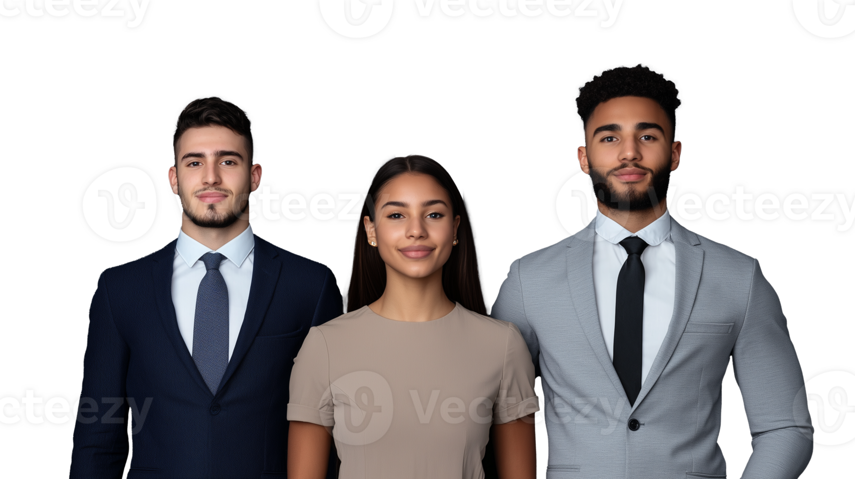 Professional business team, two men in suits and one woman, standing side by side on a transparent background png