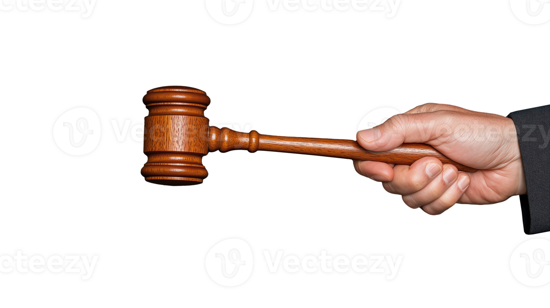 Hand holding a wooden gavel in a striking position on a transparent background png
