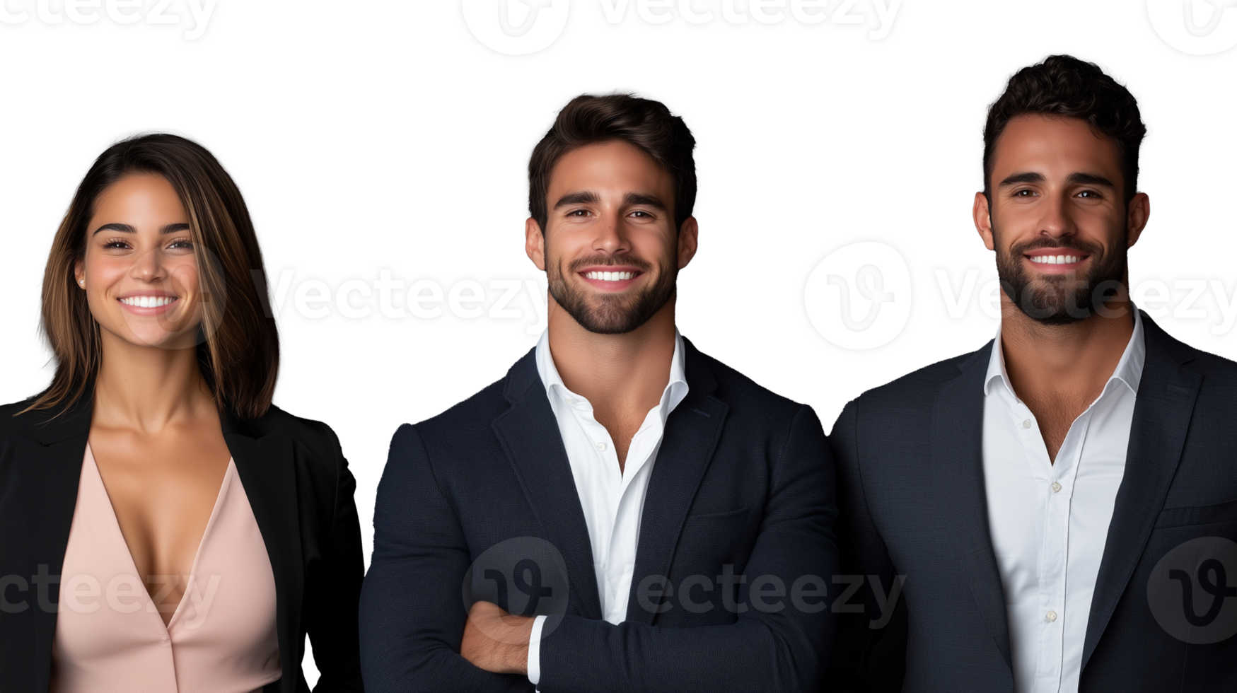 Three smiling business professionals, two men and one woman, dressed formally on a transparent background png