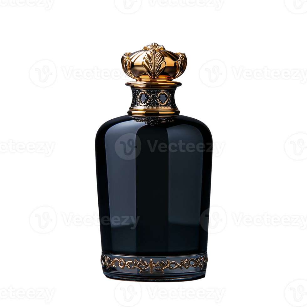 Luxurious dark glass perfume bottle with ornate cap on a transparent background png
