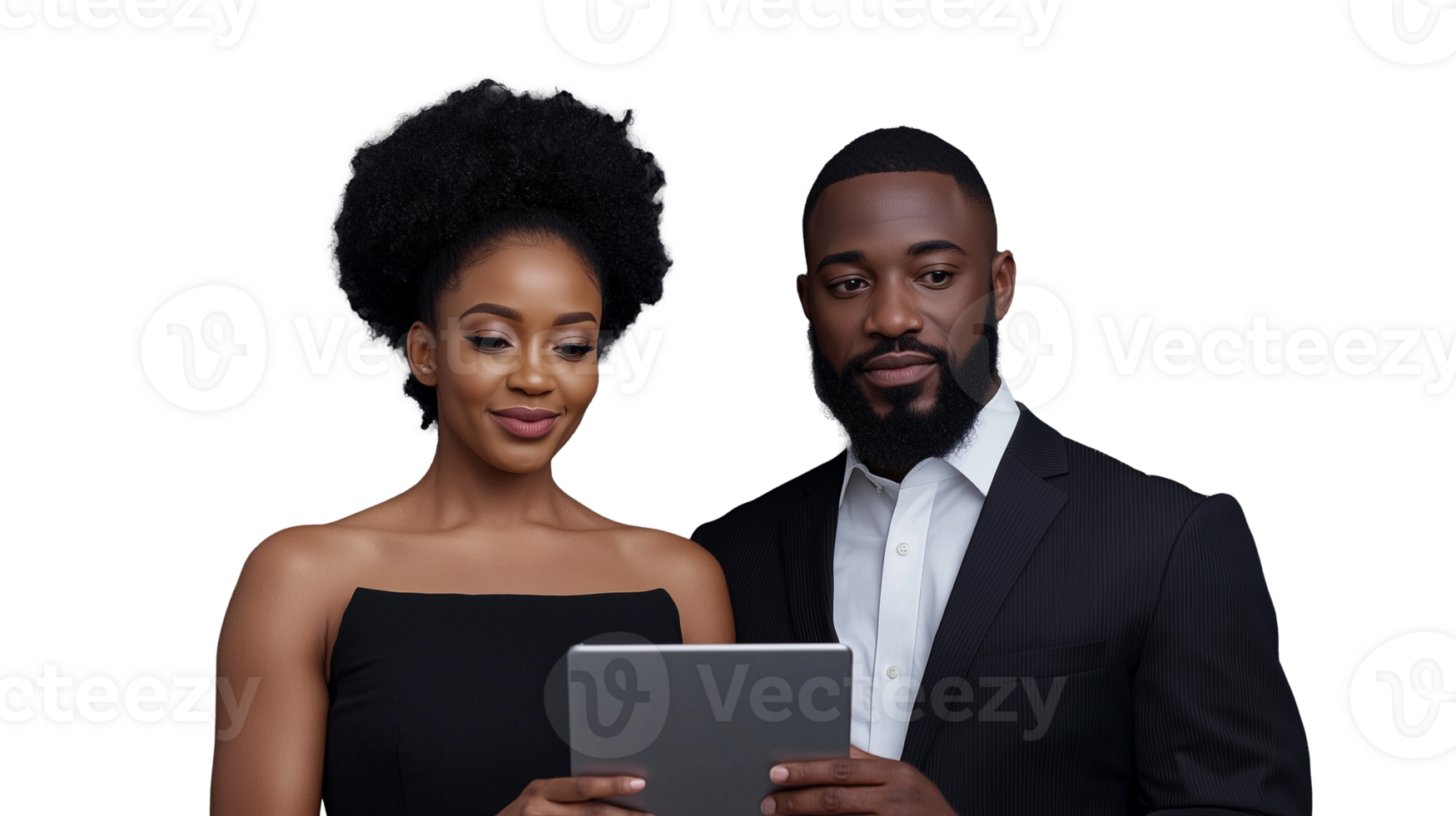 Professional couple using a tablet, dressed formally, on a transparent background png