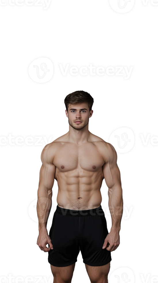 Muscular shirtless man with defined abs standing confidently on a transparent background png