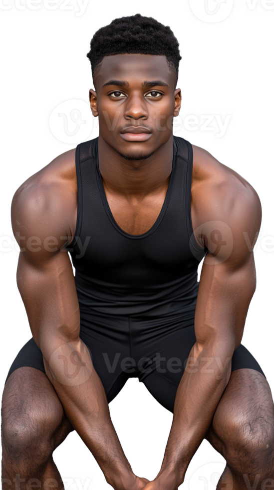 Muscular man in black tank top sitting in a low position on a transparent background png