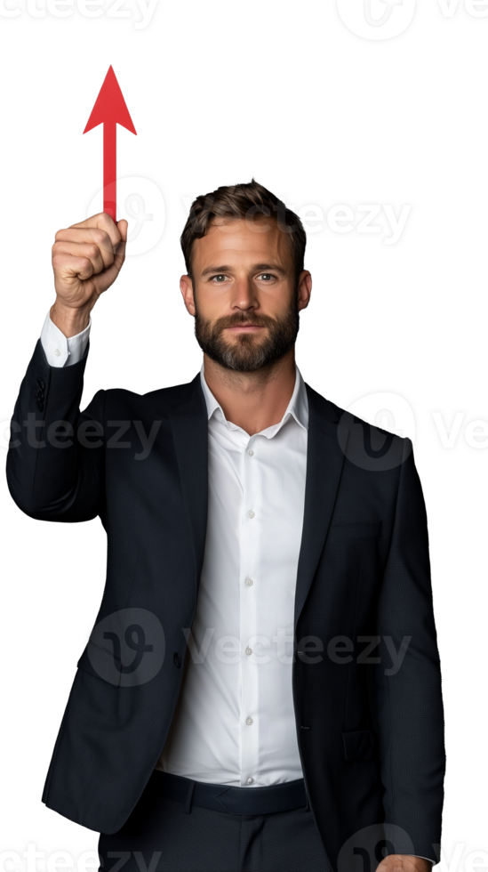 Professional man in suit pointing up with a serious expression on a transparent background png