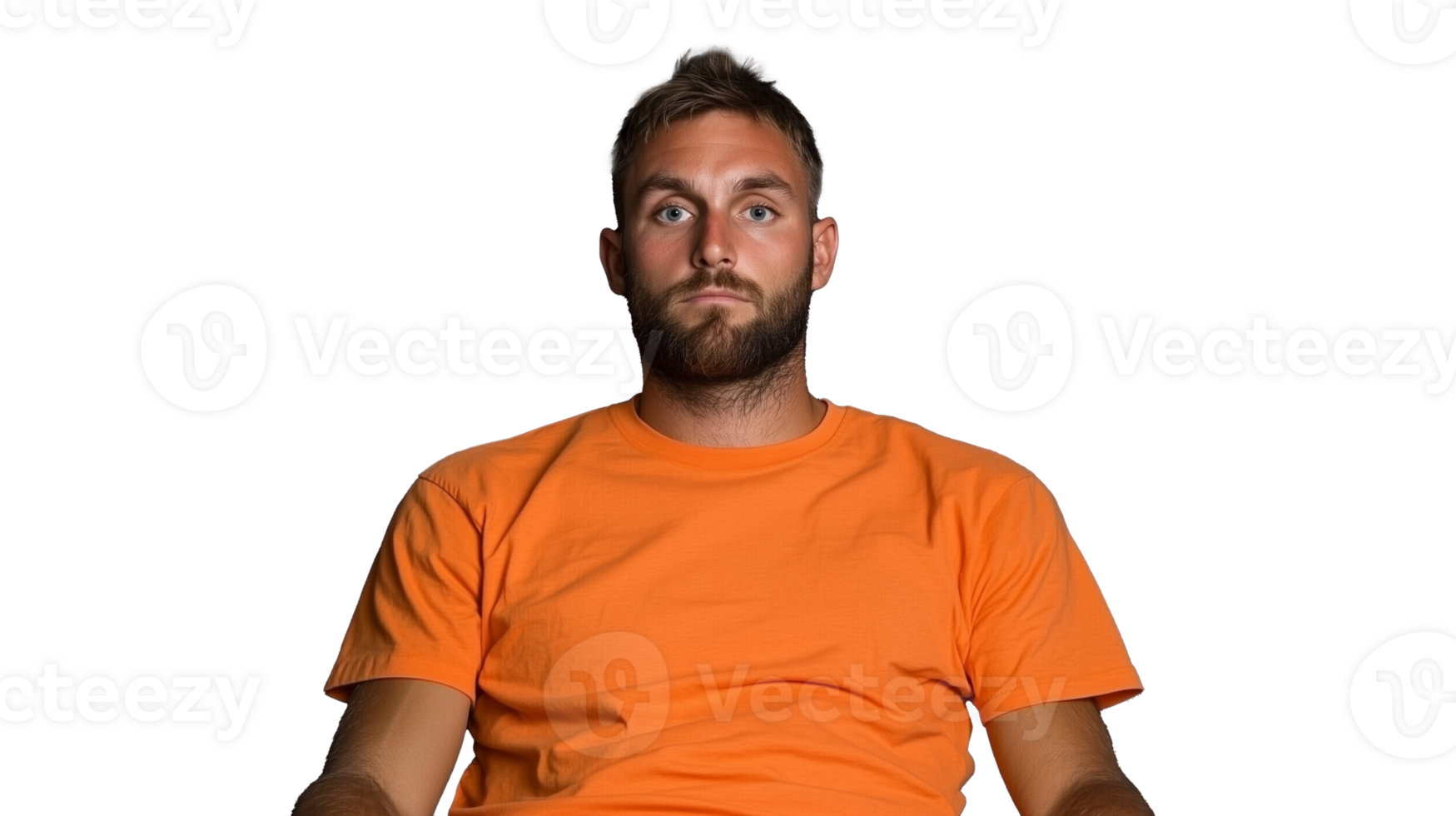 Man in orange t shirt sitting with a neutral expression on a transparent background png