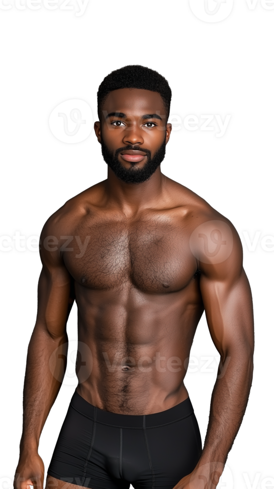 Athletic shirtless man with defined abs standing confidently on a transparent background png