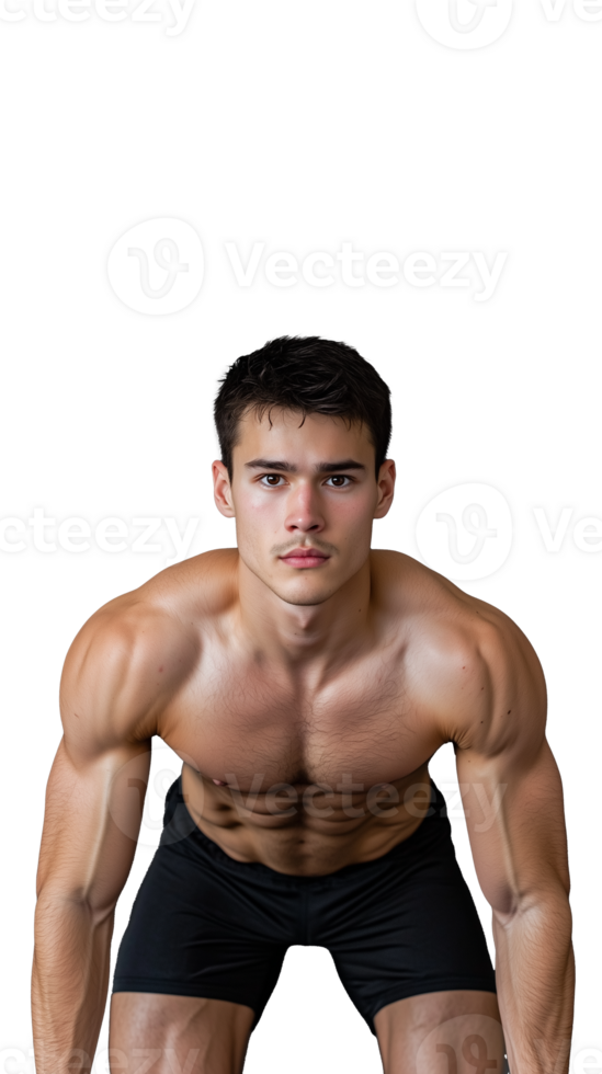 Athletic shirtless man in black shorts flexing muscles on a transparent background png