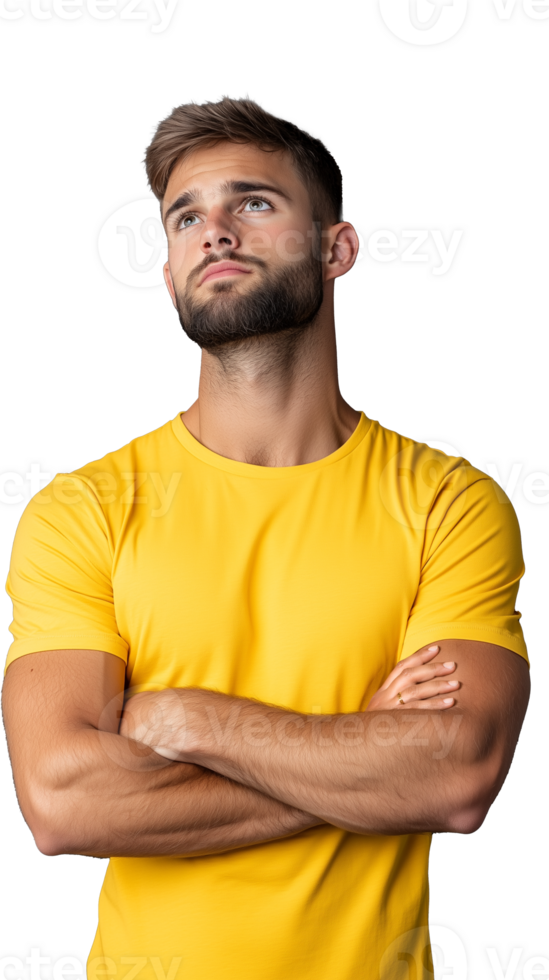 Young man in yellow t shirt with arms crossed looking to the side on a transparent background png