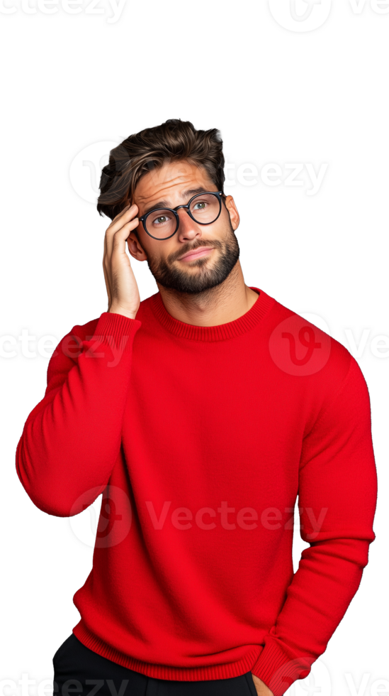 Man in red sweater with a thoughtful expression touching his head on a transparent background png
