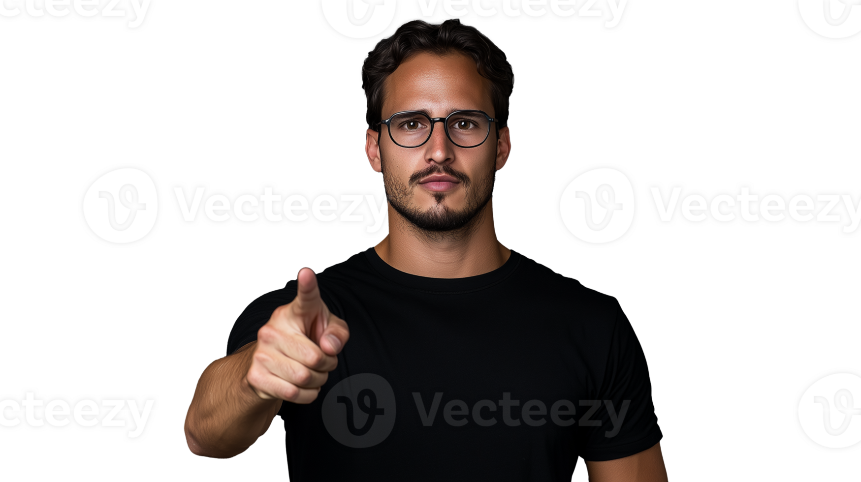 Man in black t shirt pointing forward with a confident expression on a transparent background png