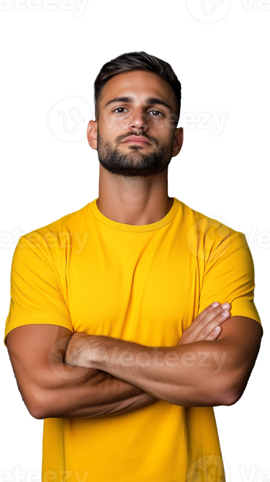 Man in yellow t shirt with crossed arms and serious expression on a transparent background png