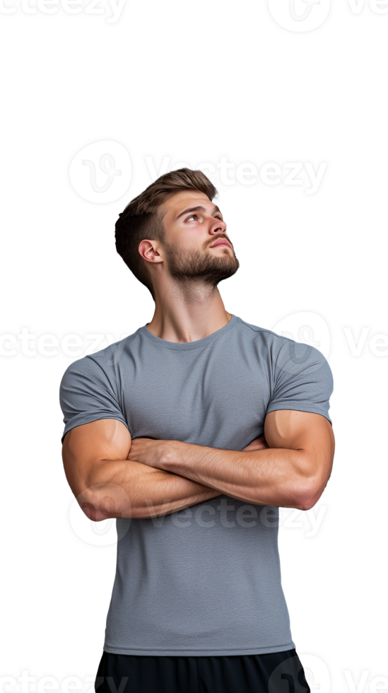 Confident man in gray t shirt with arms crossed looking upwards on a transparent background png