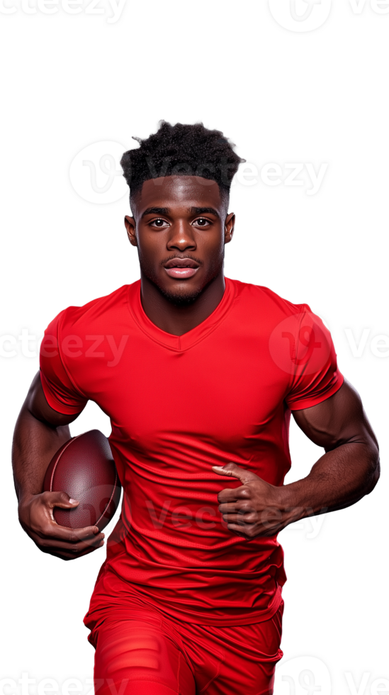 Athletic man in red sportswear holding a football in one hand on a transparent background png