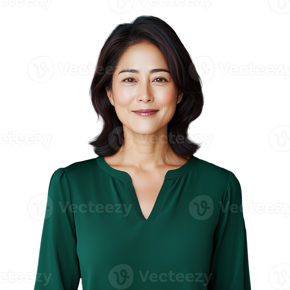 Woman in green blouse smiling confidently on a transparent background png