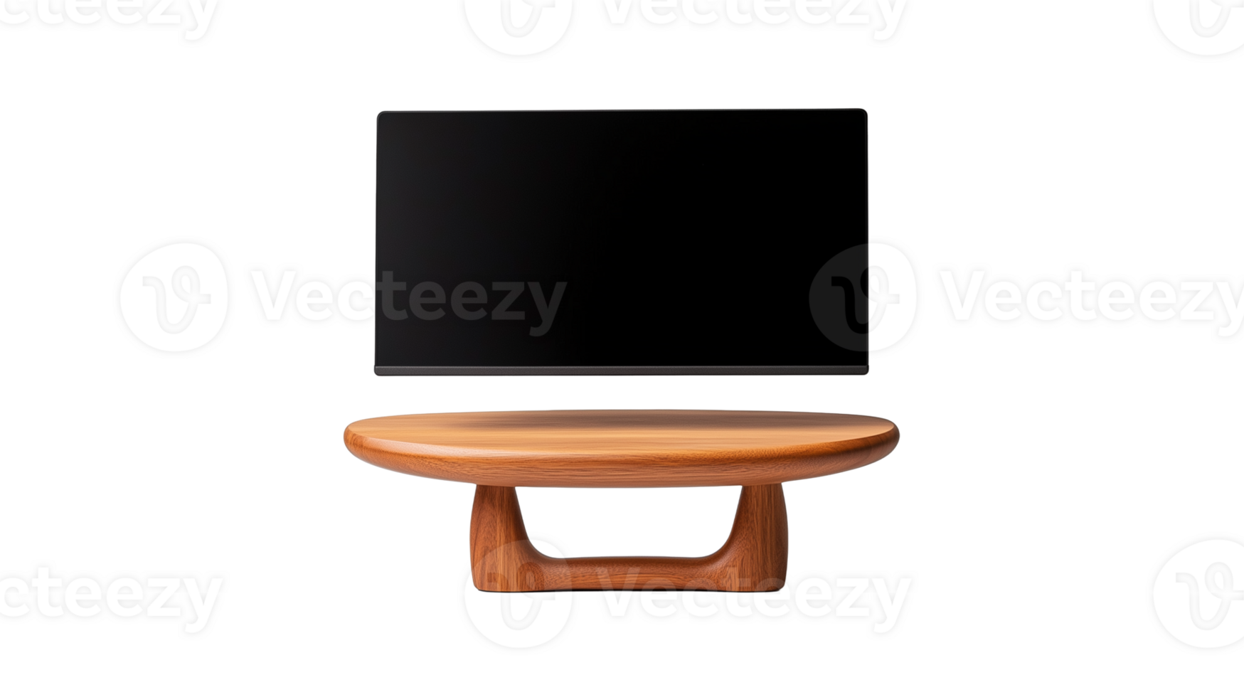 Sleek black desktop computer monitor with wooden stand on a transparent background png