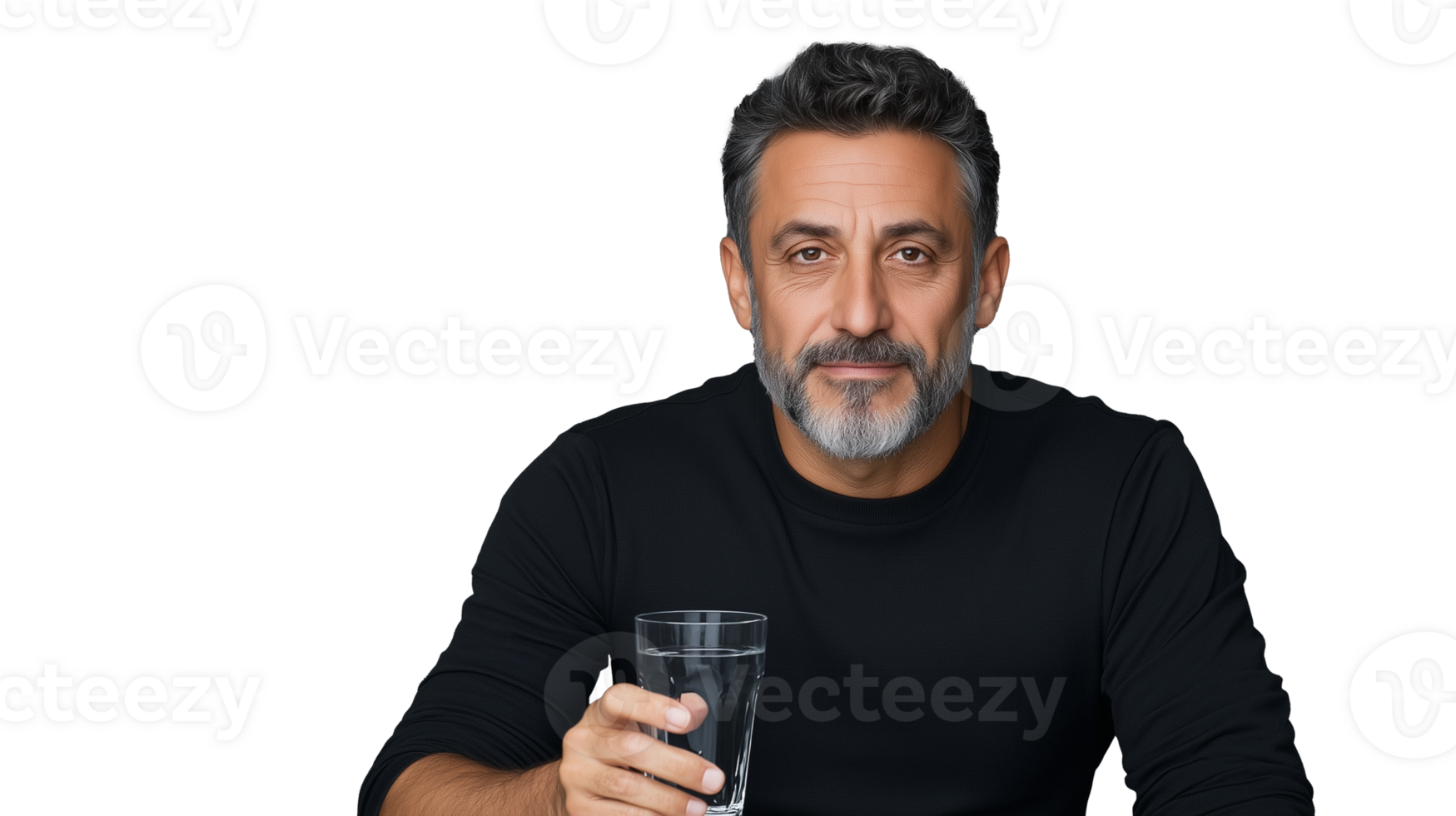 Mature man with beard holding a glass of water, smiling slightly, on a transparent background png