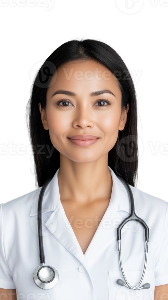 Female doctor in white coat with stethoscope smiling on a transparent background png