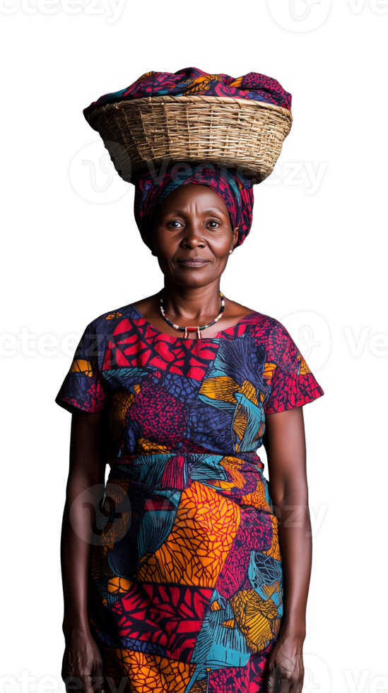 Smiling woman in colorful traditional attire carrying a basket on her head on a transparent background png