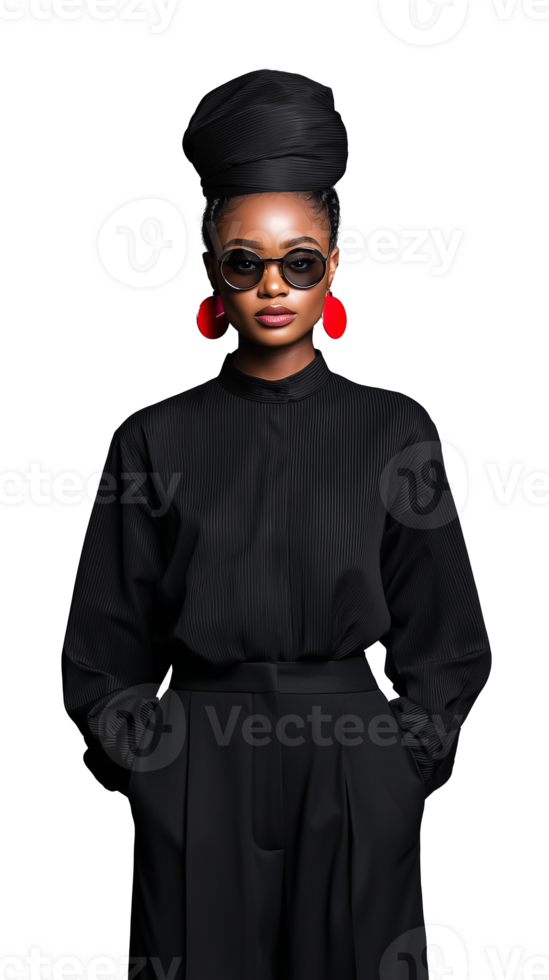 Stylish woman in black outfit with sunglasses and high bun hairstyle on a transparent background png