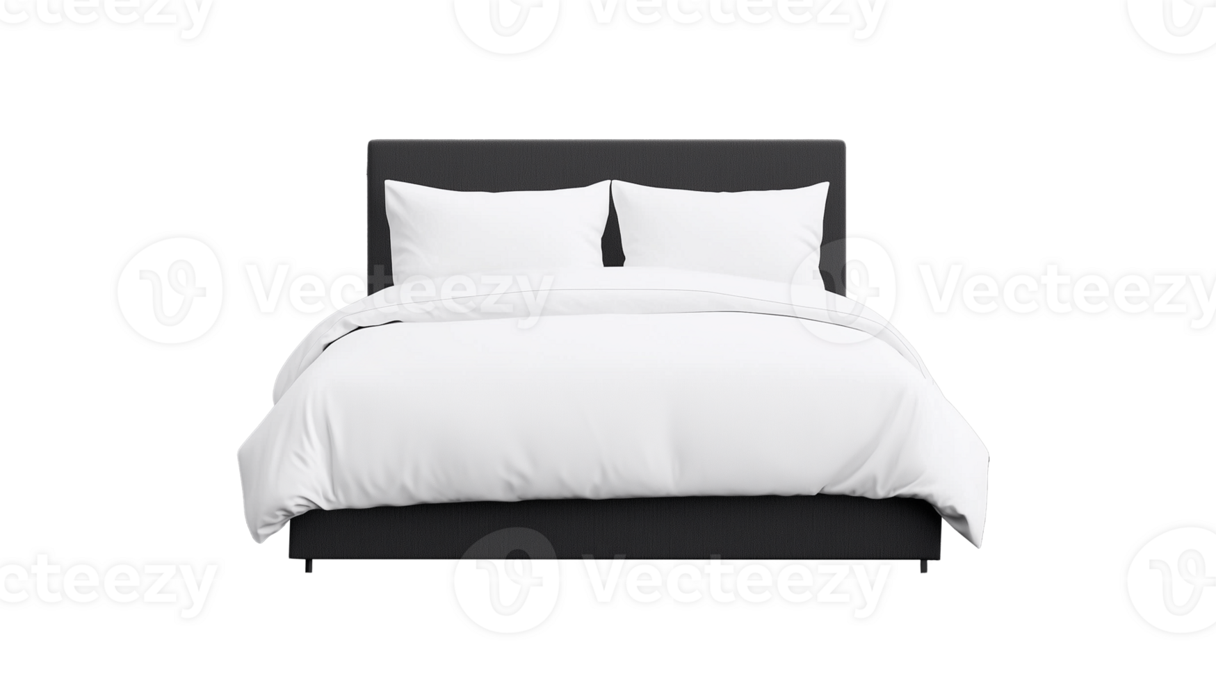 White bedding set with black headboard in a minimalist style on a transparent background png