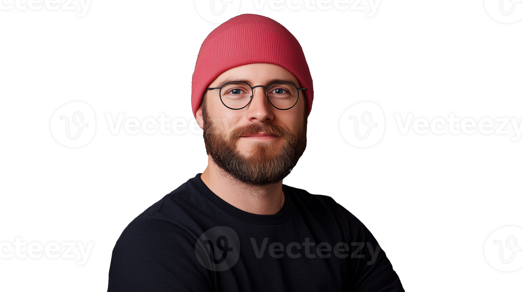 Man wearing red beanie and glasses with a calm expression on a transparent background png