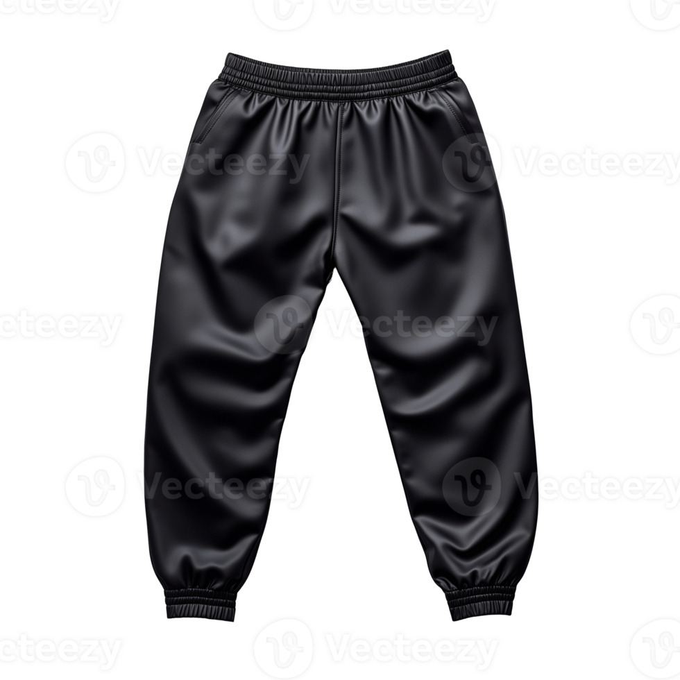 Black satin track pants with elastic waistband on a transparent background png