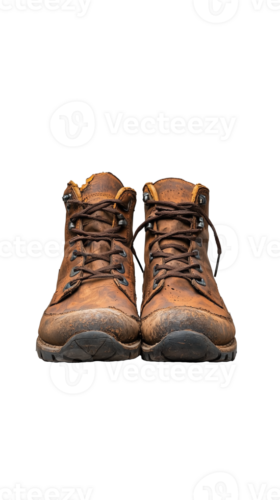 Brown hiking boots with lace up front and rugged sole on a transparent background png