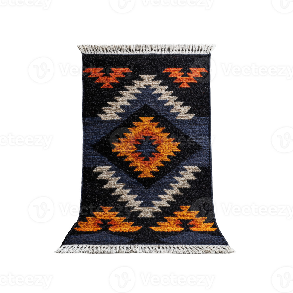 Traditional kilim rug with geometric patterns in black, orange, and blue on a transparent background png