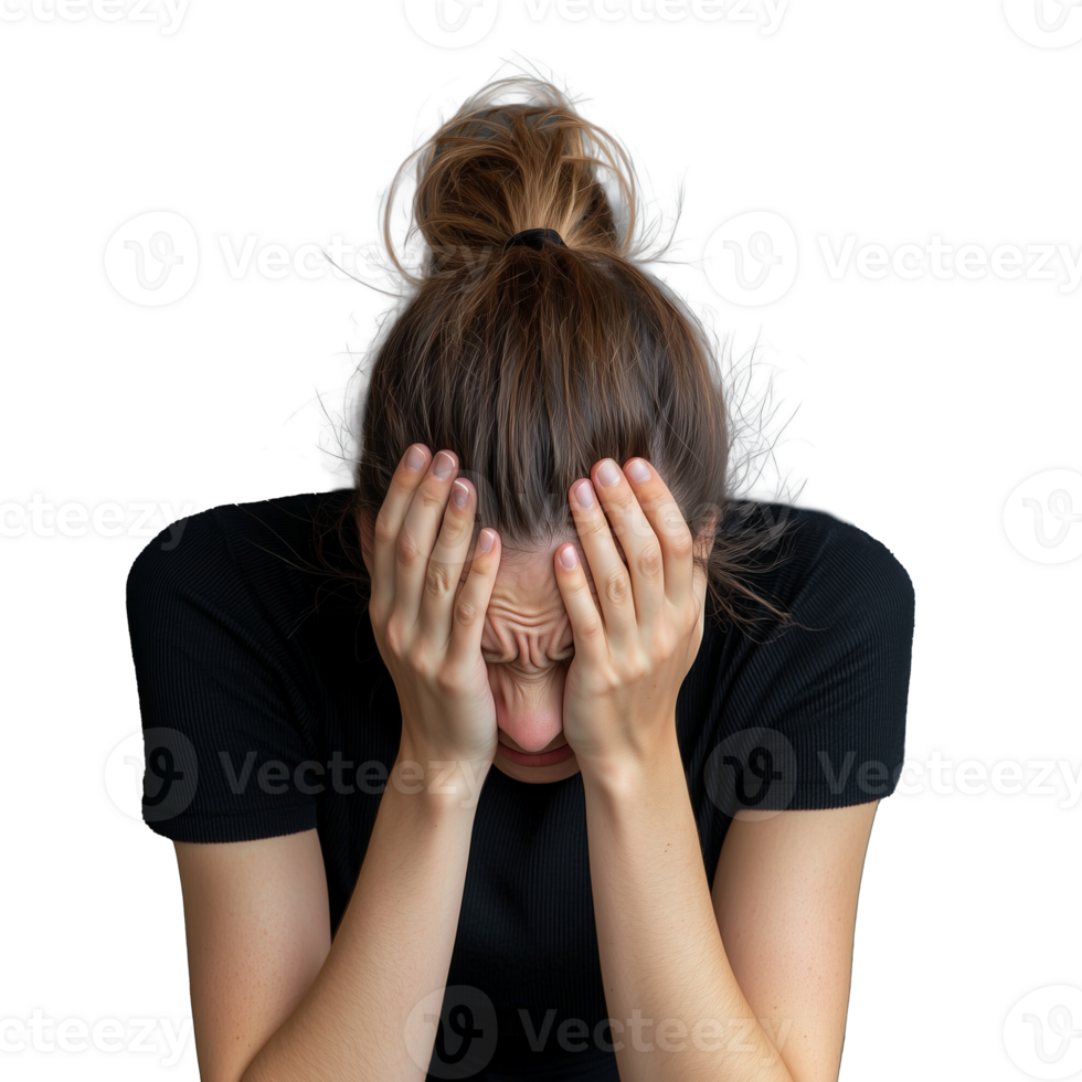 Woman with hands covering her face in a distressed pose on a transparent background png