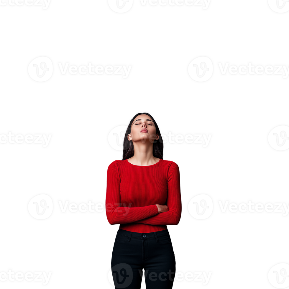 Woman in red sweater with arms crossed, looking up confidently on a transparent background png