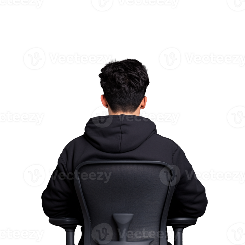 Person seated with back facing the camera in a black hoodie on a transparent background png