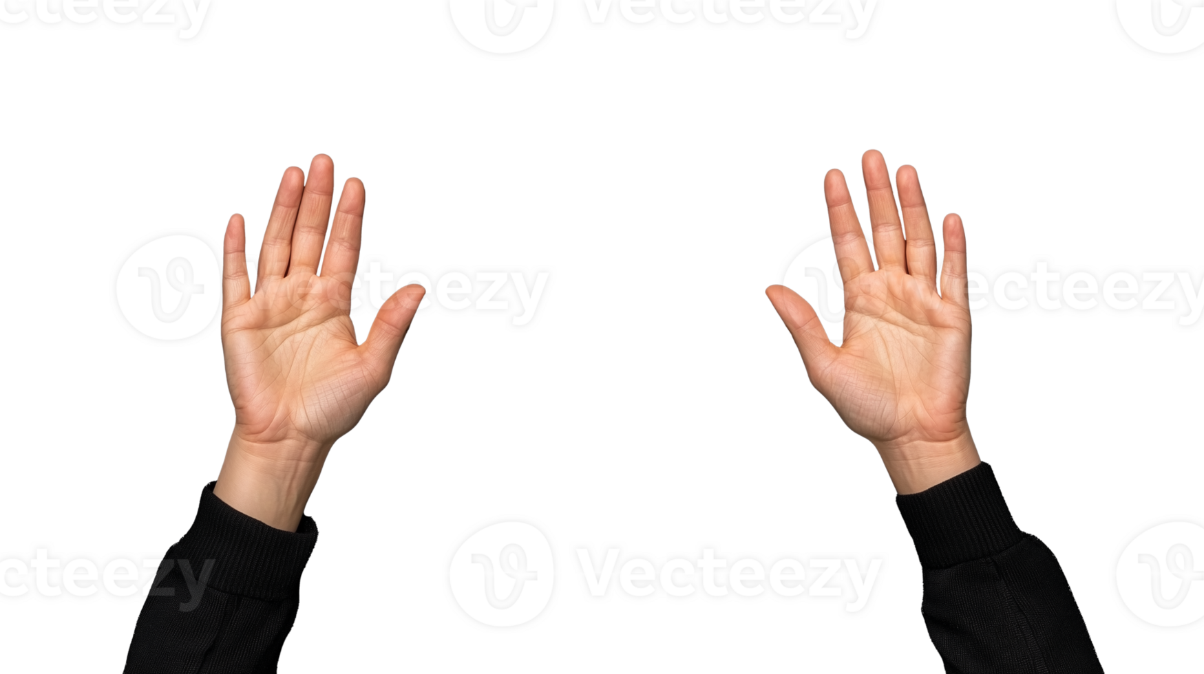 Pair of raised hands in black sleeves gesturing on a transparent background png