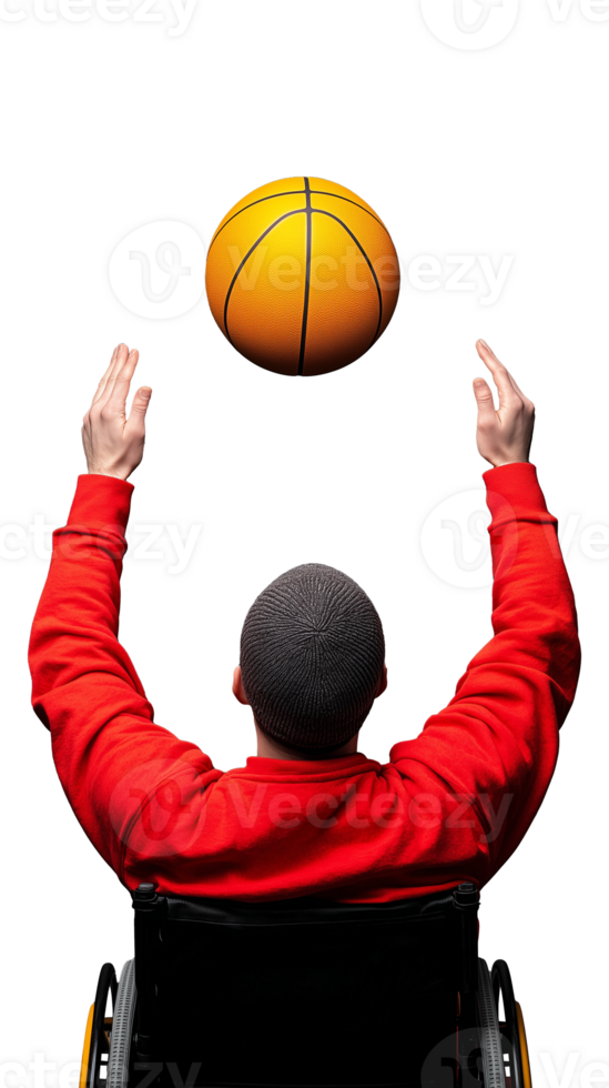 Person in a wheelchair tossing a basketball upward on a transparent background png