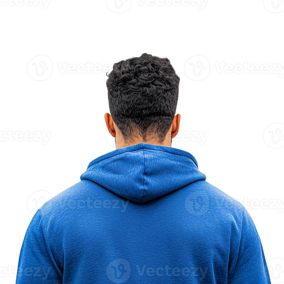 Man in blue hoodie with back facing camera on a transparent background png